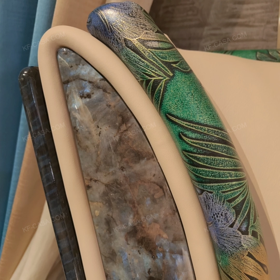 Cream Upholstered Bed with Decorative Accent Trim, Brand Emblem & Gold Stainless Steel Feet